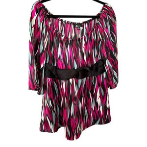AB Studio Women's Bell Sleeve Funky Print Ribbon Waist Blouse Size XL